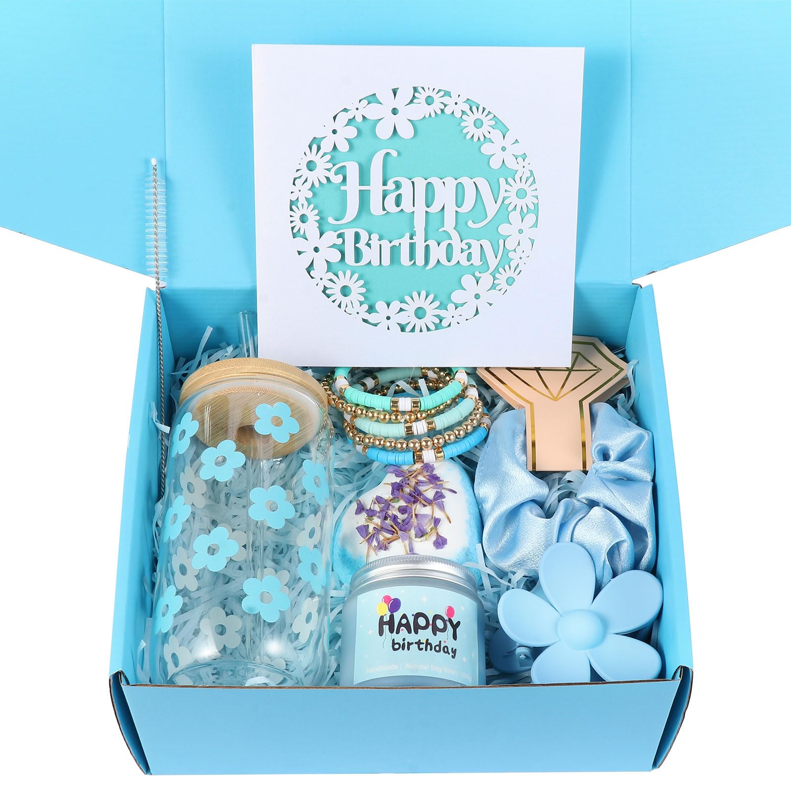 ONIYEA Birthday Gift for Teen Girls, 7 Cute Gifts with Tasks, Happy Birthday Gift Ideas,Trendy Preppy Stuff for Teen Girls, Christmas, Cute Daisy Aesthetic Glass Cups Tumbler Gifts Set 7pcs (Pink)